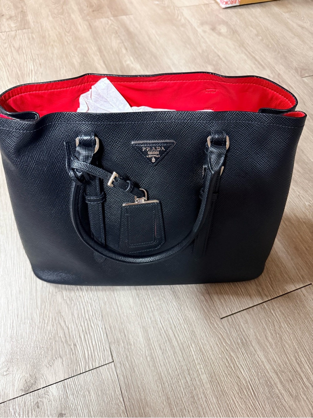 Prada Black Saffiano Tote with Red Interior Trim